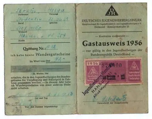 Gastausweis Deutsche Jugendherberge Werk 1956 Hamburg Ausweis