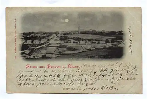 Litho Ak Gruss aus Bergen auf Rügen 1898 Mondschein