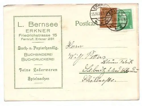 Postkarte Erkener 1928 Buchbinderei Buchdruckerei Lederwaren Spielzeug