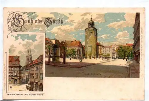 Litho Ak Gruß aus Görlitz Unterer Markt und Peterskirche Marienplatz um 1900