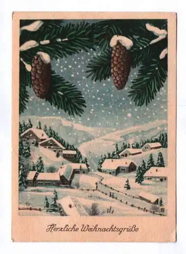 Künstler Ak Herzliche Weihnachtsgrüße 1949 Häuser im Schnee Winter