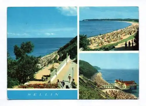 Ak Gruß aus Sellin Rügen 1969 Menschen am Strand Meer Seebrücke Brückenhaus