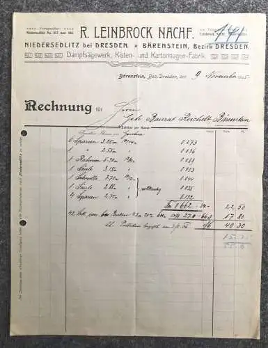 Beleg 1905 Bärenstein Bezirk Dresden Niedersedlitz alte Rechnung