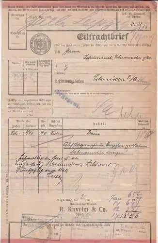Eilfrachtbrief R. Knyrim & Co Magdeburg Eisenbahn zwei Marken Stempel 1919 !