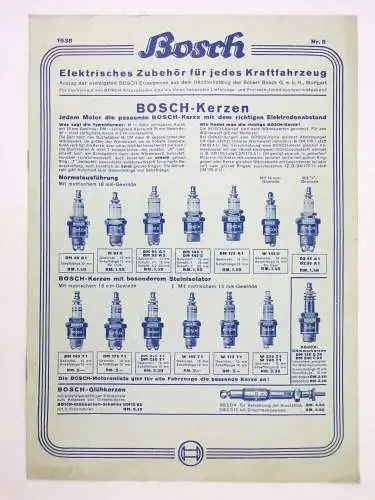 Reklame Prospekt Bosch KFZ Zubehör Zündkerzen Scheinwerfer 1938