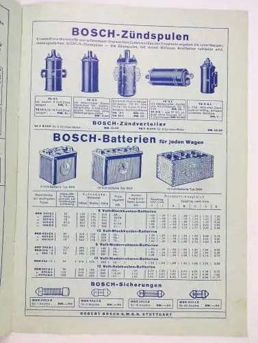 Reklame Prospekt Bosch KFZ Zubehör Zündkerzen Scheinwerfer 1938