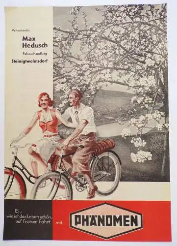 Phänomen Fahrrad Werbeblatt Hedusch Steinigwolmsdorf um 1940 Sammler