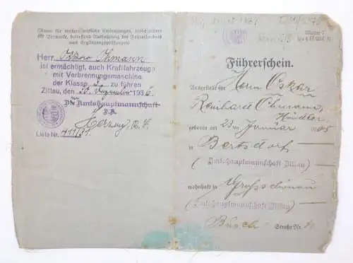 Führerschein Bertsdorf 1931 Verbrenner Klasse 1 Zittau Ausweis 