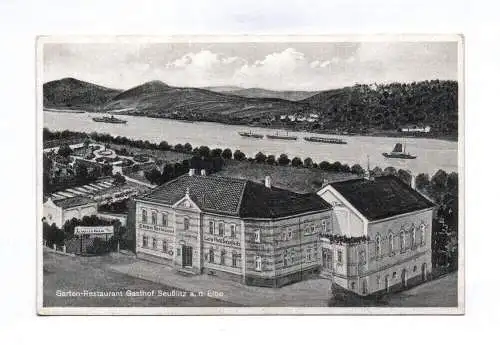 Künstler Ak Garten Restaurant Gasthof Seußlitz an der Elbe 1933