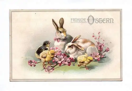 Künstler Ak Fröhliche Ostern 1916 Hasen mit Küken Blumenzweige