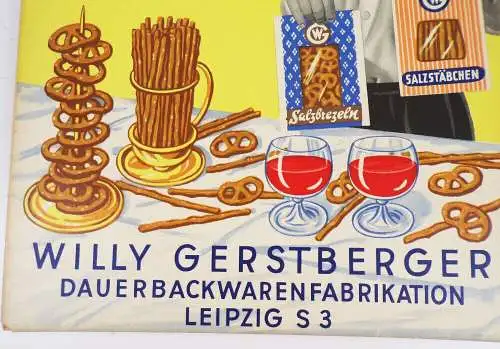 Altes Pappschild Willy Gerstberger Backwaren Leipzig Salzbrezel Salzstangen