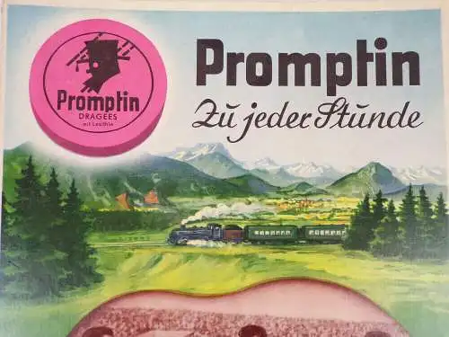 Altes Promptin Pappschild Dragee Werbung Fussball Dampflok Eisenbahn Heidenau 19