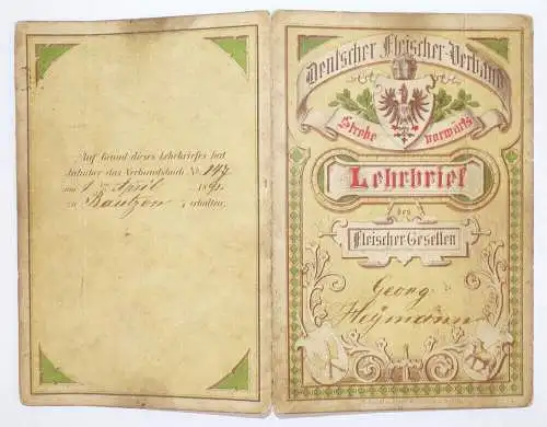 Lehrbrief Fleischer Geselle Bautzen 1891 Litho