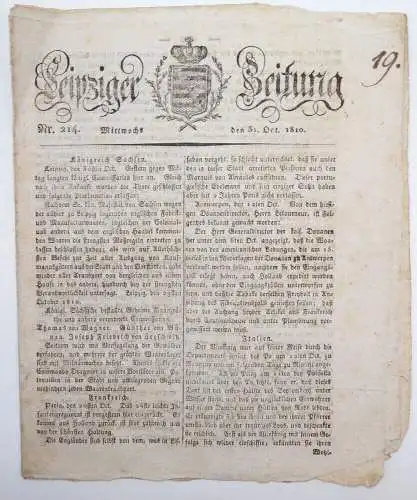 Leipziger Zeitung Nr 214 Oktober 1810 Büttenpapier 