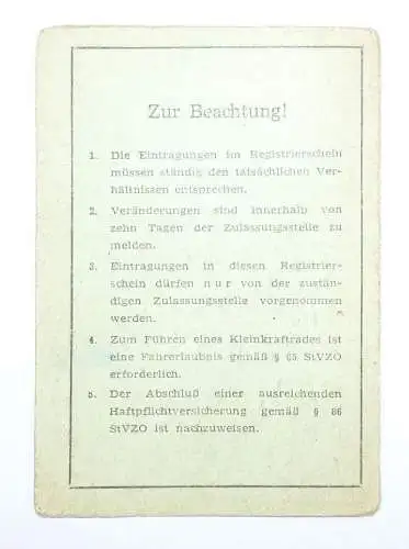 Registrierschein für Kleinkrafträder Simson KR50