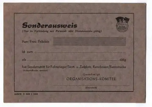 Sonderausweis Sport Organisation Komitee Fahrerlager Start Zielplatz 1979