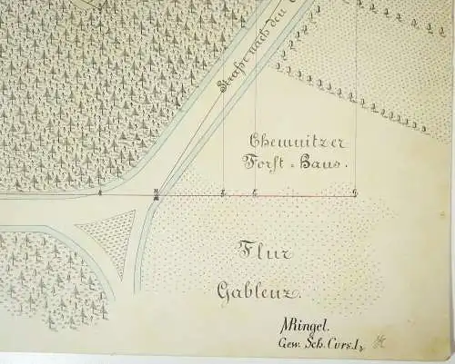 Technische Handzeichnung Zeisigwald bei Chemnitz Flurkarte Zeichnung 1900er Deko