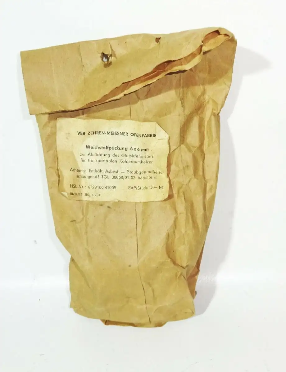 DDR Weichstoffpackung 6x6mm Ofen Band Abdichtung Glutsichtfenster OVP Ofenbau 0