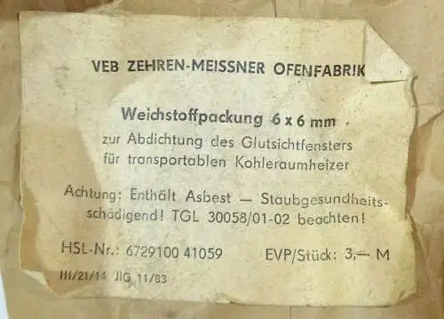 DDR Weichstoffpackung 6x6mm Ofen Band Abdichtung Glutsichtfenster OVP Ofenbau