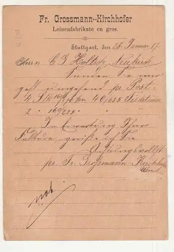 Postkarte Württemberg 1887 Grossmann-Kirchhofer Leinenfabrikate Stuttgart (B7
