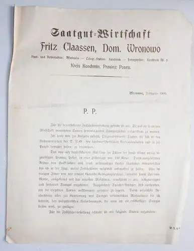 Prospekt 1905 Saatgut Wirtschaft Claassen Dom.Wronowo Kreis Koschmin Posen (D8