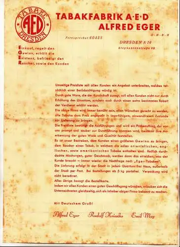 Werbe Papier Tabakfabrik A E D  Alfred Eger um 1935 