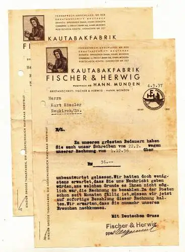 2 x Briefkopf Kautabak Fabrik Fischer & Herwig Hann.Münden 1937 
