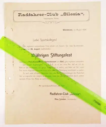 Radfahrer Club Silesia Warmbrunn Schlesien 1906 Stiftungsfest Dokument