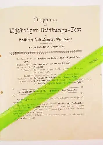 Radfahrer Club Silesia Warmbrunn Schlesien 1906 Stiftungsfest Dokument