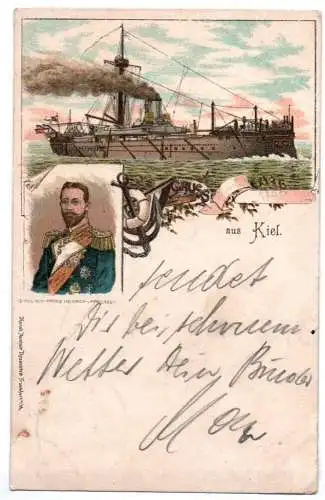 Litho Ak Gruss aus Kiel Prinz Heinrich Schiff 1898 Stempel