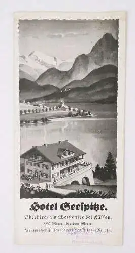 Prospekt Hotel Seespitze Oberkirch am Weißensee bei Füssen um 1935 Allgäu