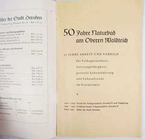 50 Jahre Naturbad am Oberen Waldteich 1960 Dresden Wilschdorf Heft