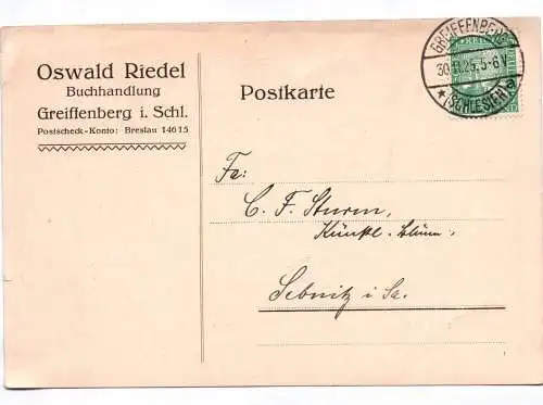 Postkarte Oswald Riedel Buchhandlung Greiffenberg in Schlesien 1925