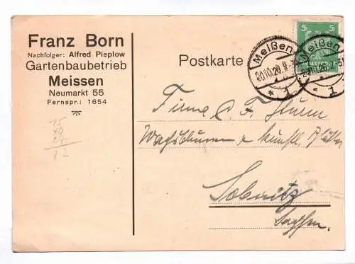 Postkarte Franz Born Gartenbaubetrieb Meissen 1926