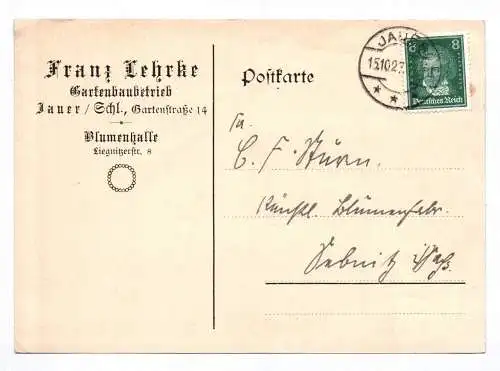 Postkarte Franz Lehrke Gartenbaubetrieb Lauer Schlesien Blumenhalle 1927