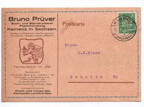 Postkarte Bruno Prüver Buch und Steindruckerei Papierhandlung Kamenz in Sachsen