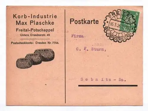 Postkarte AKorb Industrie Max Plaschke Freital Potschappel 1926