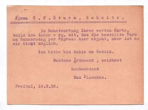 Postkarte AKorb Industrie Max Plaschke Freital Potschappel 1926