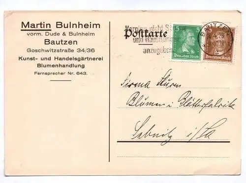 Postkarte Martin Bulnheim Bautzen Kunst und Handelsgärtnerei 1928