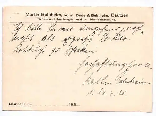 Postkarte Martin Bulnheim Bautzen Kunst und Handelsgärtnerei 1928