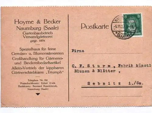 Postkarte Hoyme & Becker Naumburg Saale Gartenbaubetrieb 1927