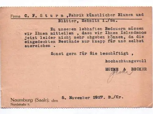 Postkarte Hoyme & Becker Naumburg Saale Gartenbaubetrieb 1927