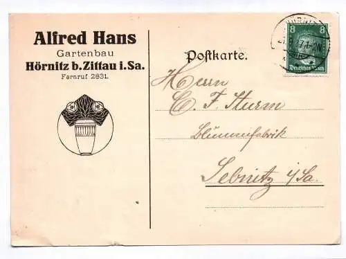 Postkarte Alfred Hans Gartenbau Hörnitz bei Zittau in Sachsen 1927