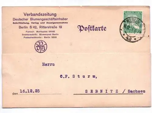 Postkarte Verbandszeitung Deutscher Blumengeschäftsinhaber Berlin 1925