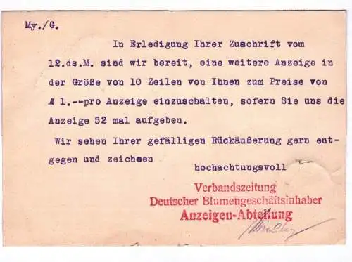 Postkarte Verbandszeitung Deutscher Blumengeschäftsinhaber Berlin 1925