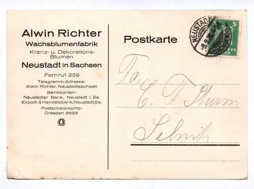 Postkarte Alwin Richter Wachsblumenfabrik Neustadt in Sachsen 1926