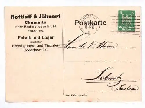 Postkarte Rottluff und Jähnert Chemnitz Fabrik und Lager 1926