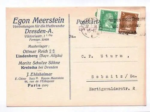 Postkarte Egon Meerstein Vertretungen für die Hutbranche Dresden 1928