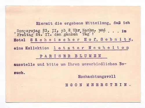 Postkarte Egon Meerstein Vertretungen für die Hutbranche Dresden 1928