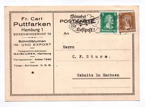 Postkarte Fr Carl Puttfarken Hamburg Schnittblumen In und Export 1927